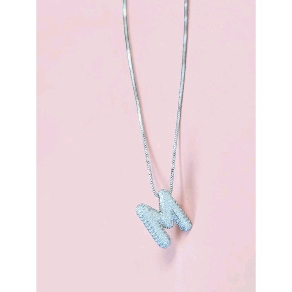 CZ Rhinestone Bubble Letter M Necklace Silver Balloon Streetwear Baddie Y2k